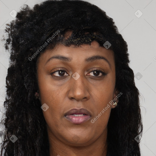 Joyful black young-adult female with long  black hair and brown eyes