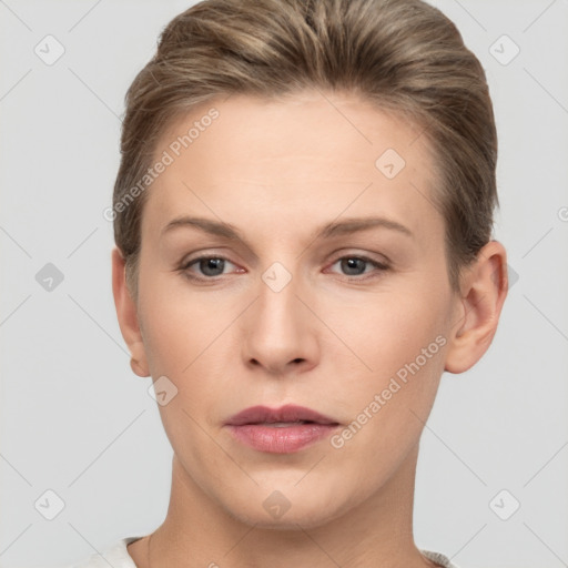 Neutral white young-adult female with short  brown hair and brown eyes