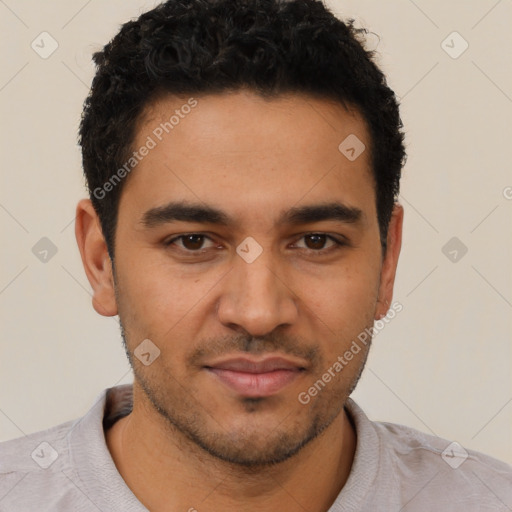 Neutral latino young-adult male with short  black hair and brown eyes