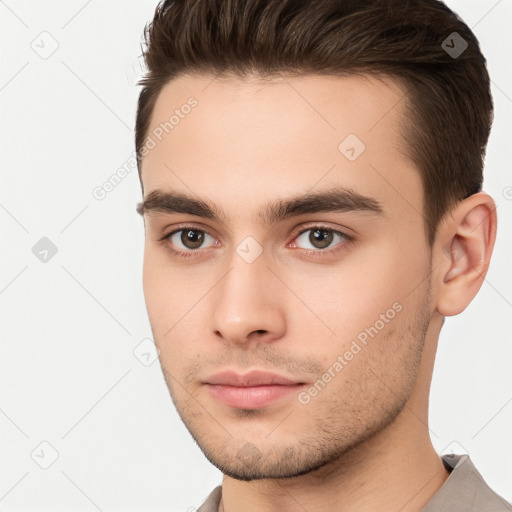 Neutral white young-adult male with short  brown hair and brown eyes