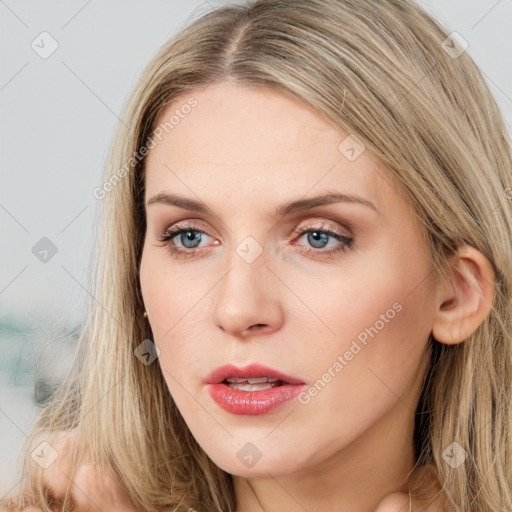 Neutral white young-adult female with long  brown hair and grey eyes