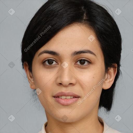 Joyful asian young-adult female with medium  black hair and brown eyes