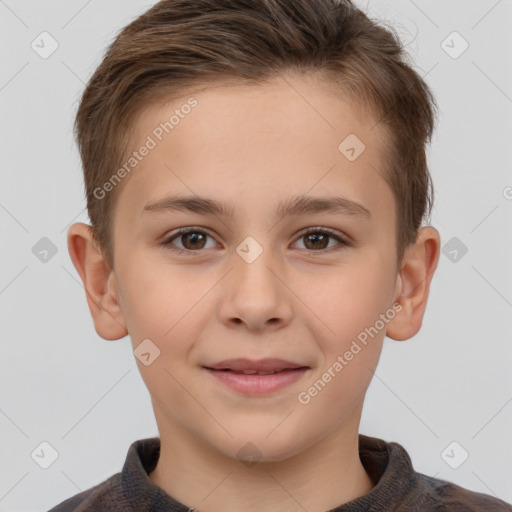 Joyful white child female with short  brown hair and brown eyes