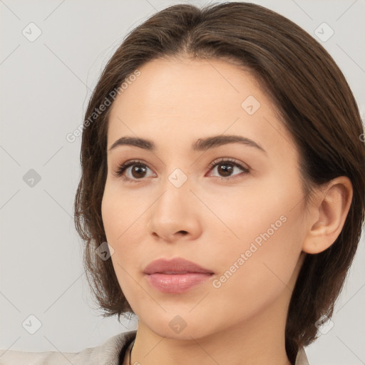 Neutral white young-adult female with medium  brown hair and brown eyes