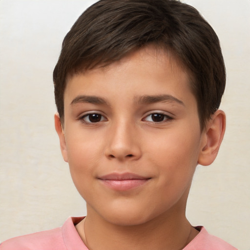 Joyful white child female with short  brown hair and brown eyes