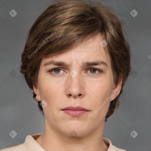 Neutral white adult male with medium  brown hair and grey eyes