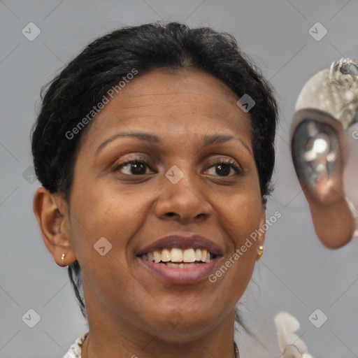 Joyful black adult female with short  brown hair and brown eyes