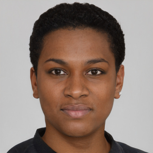 Neutral black young-adult female with short  black hair and brown eyes