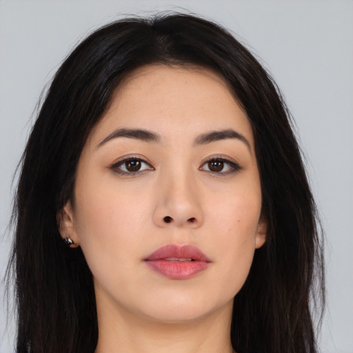 Neutral asian young-adult female with long  brown hair and brown eyes