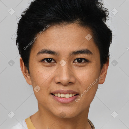 Joyful asian young-adult female with short  brown hair and brown eyes