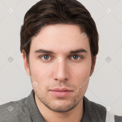 Neutral white young-adult male with short  brown hair and grey eyes