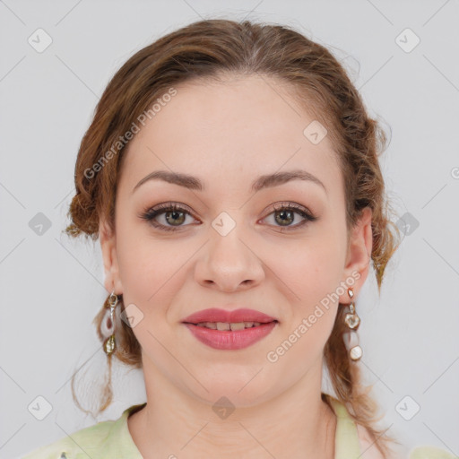 Joyful white young-adult female with medium  brown hair and green eyes