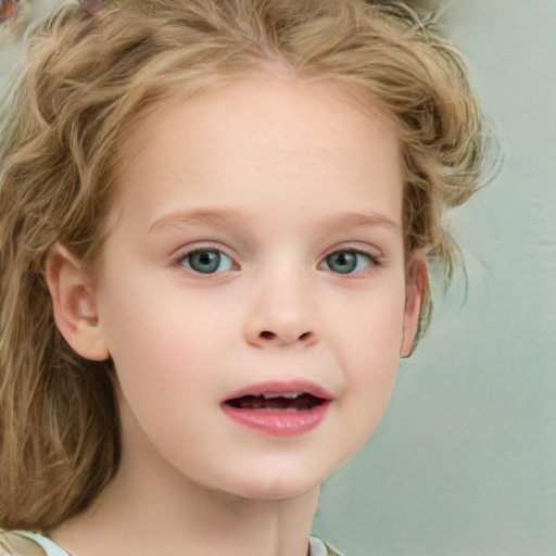 Joyful white child female with medium  brown hair and blue eyes