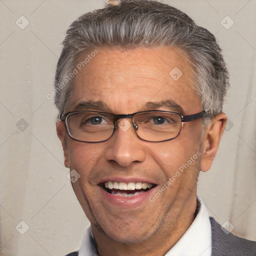 Joyful white middle-aged male with short  brown hair and brown eyes