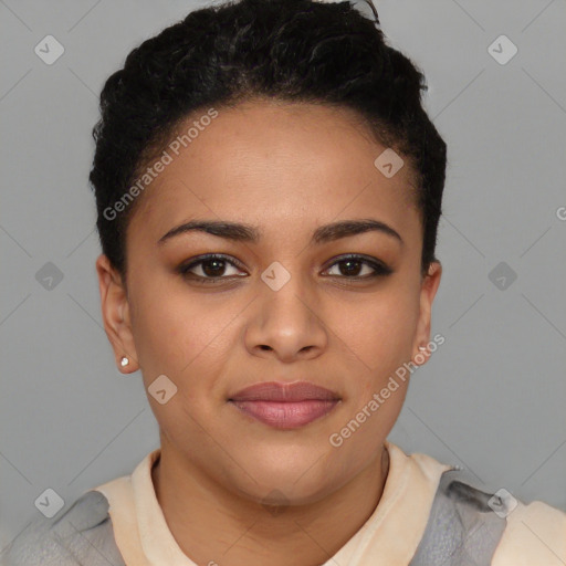 Joyful latino young-adult female with short  brown hair and brown eyes