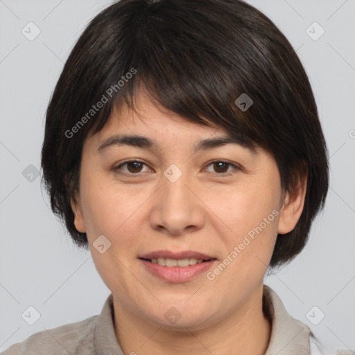 Joyful white young-adult female with medium  brown hair and brown eyes