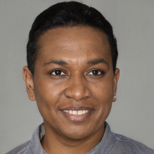Joyful black adult male with short  black hair and brown eyes