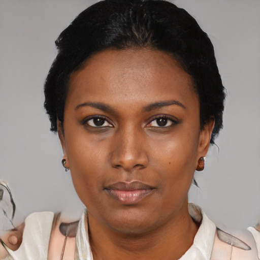Neutral black young-adult female with short  black hair and brown eyes