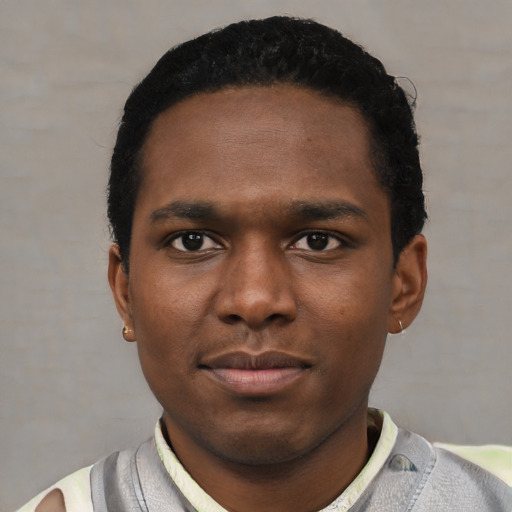 Neutral black young-adult male with short  black hair and brown eyes