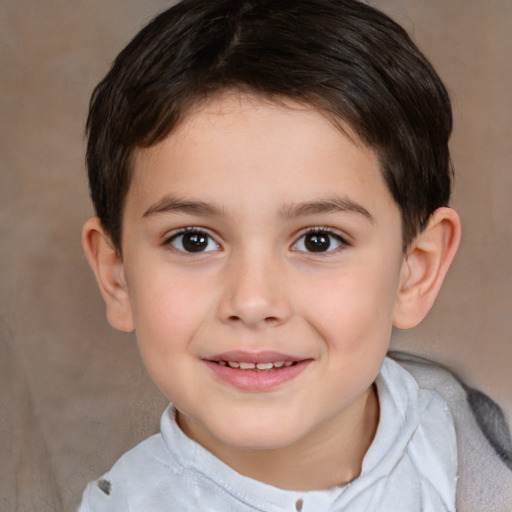 Joyful white child female with short  brown hair and brown eyes