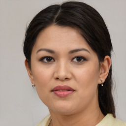 Joyful white young-adult female with medium  brown hair and brown eyes