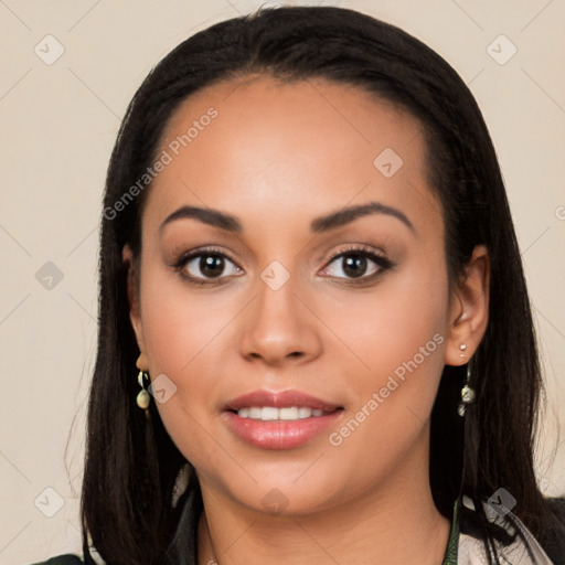 Joyful white young-adult female with long  black hair and brown eyes