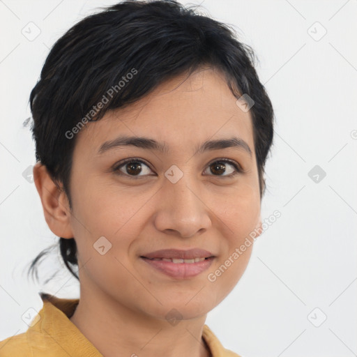 Joyful latino young-adult female with medium  brown hair and brown eyes