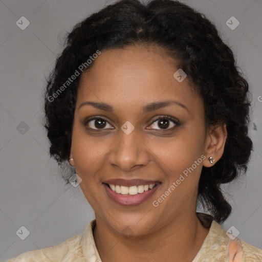 Joyful black young-adult female with medium  brown hair and brown eyes