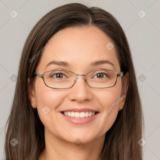 Joyful white young-adult female with long  brown hair and grey eyes