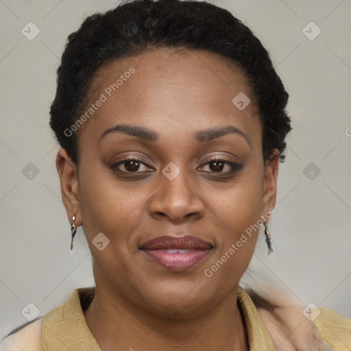 Joyful black young-adult female with short  brown hair and brown eyes