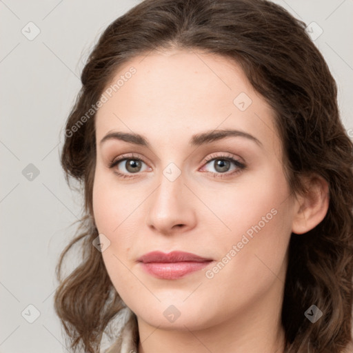 Joyful white young-adult female with long  brown hair and green eyes