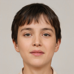 Neutral white young-adult female with short  brown hair and brown eyes