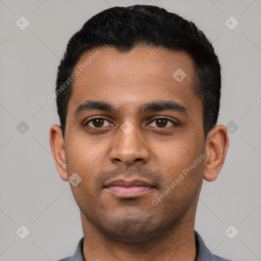 Neutral latino young-adult male with short  black hair and brown eyes