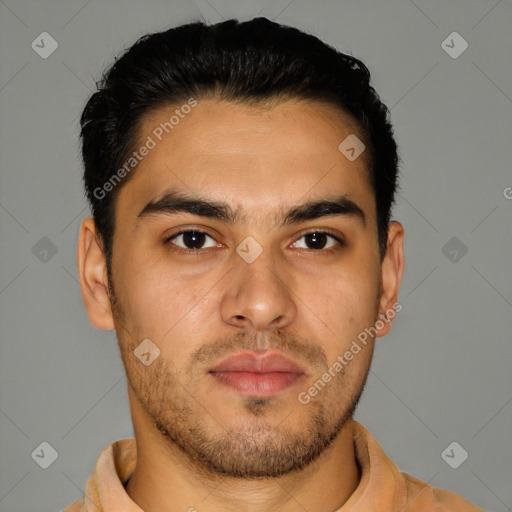 Neutral latino young-adult male with short  brown hair and brown eyes