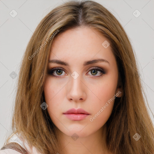 Neutral white young-adult female with long  brown hair and brown eyes