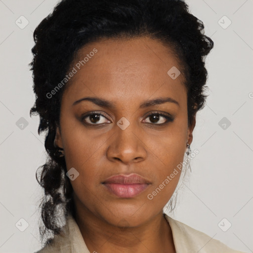 Neutral black young-adult female with short  black hair and brown eyes