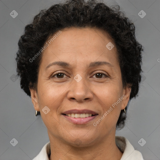 Joyful white adult female with short  brown hair and brown eyes