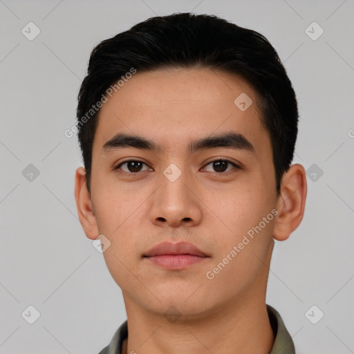 Neutral asian young-adult male with short  black hair and brown eyes