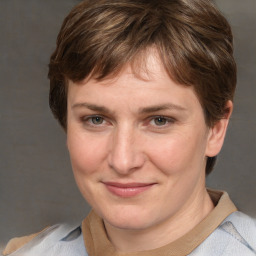 Joyful white adult female with medium  brown hair and grey eyes