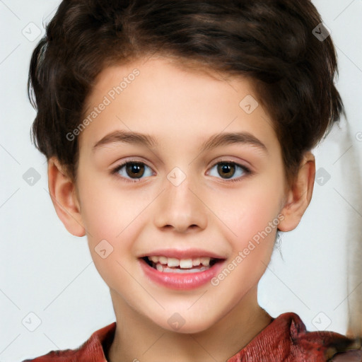 Joyful white child female with short  brown hair and brown eyes