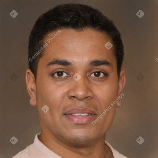 Joyful latino young-adult male with short  brown hair and brown eyes