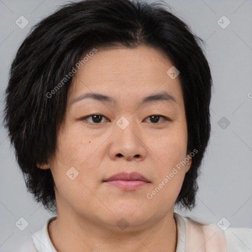 Neutral asian young-adult female with medium  brown hair and brown eyes