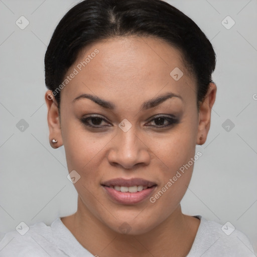 Joyful asian young-adult female with short  brown hair and brown eyes