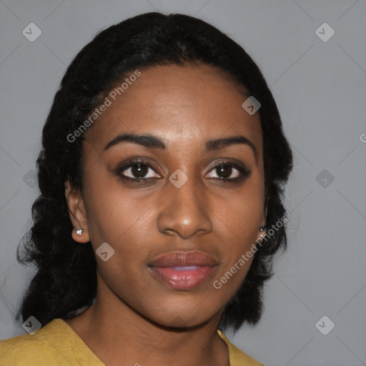 Joyful black young-adult female with medium  black hair and brown eyes