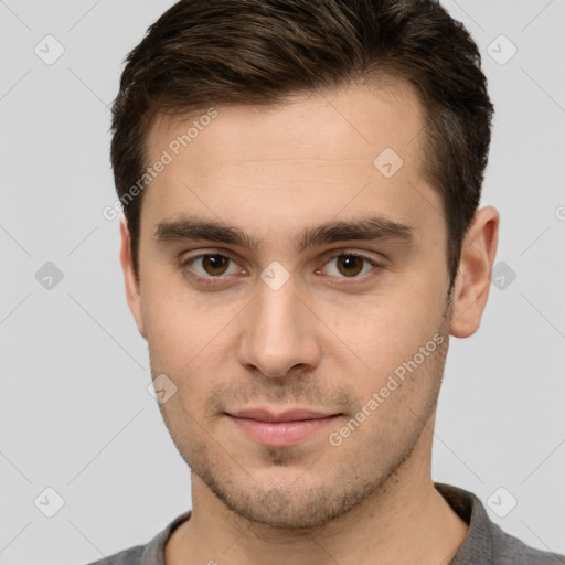 Neutral white young-adult male with short  brown hair and brown eyes