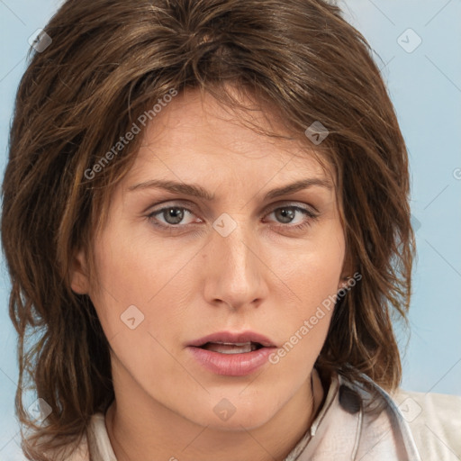 Neutral white young-adult female with medium  brown hair and brown eyes