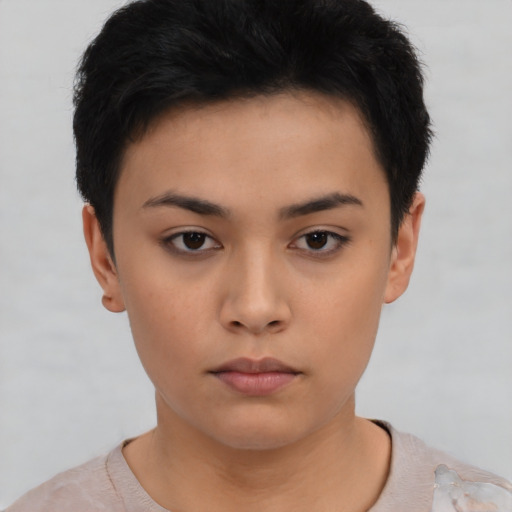 Neutral asian young-adult female with short  black hair and brown eyes