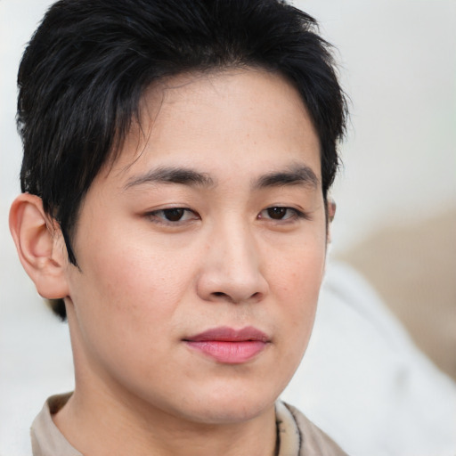 Neutral asian young-adult male with short  brown hair and brown eyes