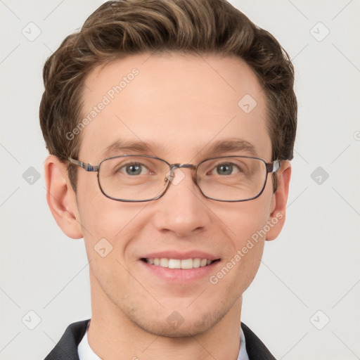 Joyful white adult male with short  brown hair and grey eyes