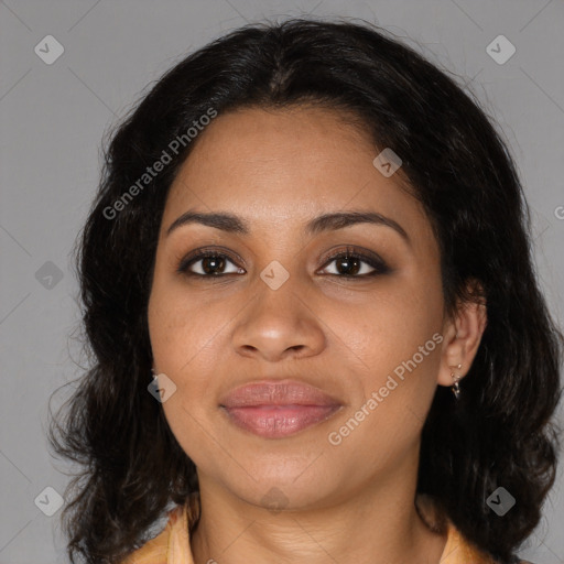 Joyful black young-adult female with medium  brown hair and brown eyes